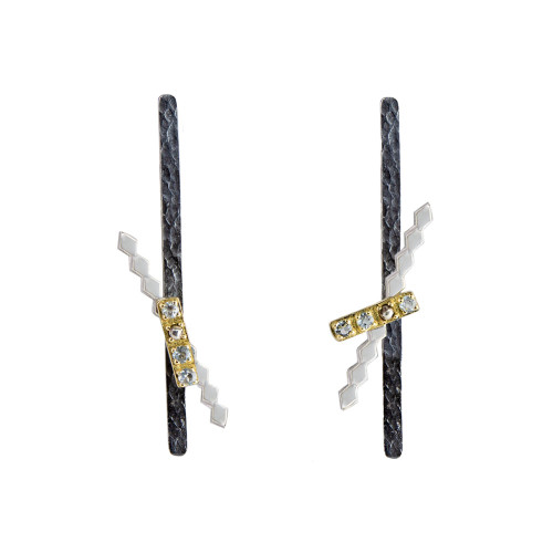 tomfoolery, Silver, Oxidised Silver, Gold & Diamond Earrings 