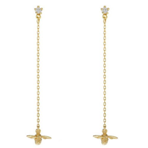 Diamond Stud Earrings with Fine Chain Bee Drops, alex monroe, tomfoolery