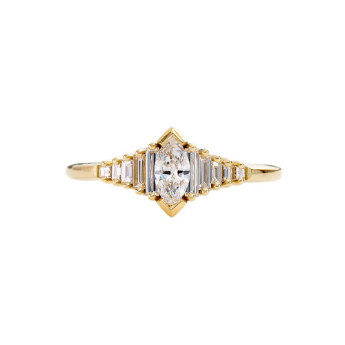 Artemer: Dainty Deco Engagement Ring with Marquise Diamond in 18ct yellow gold, tomfoolery