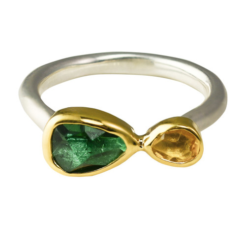 Green Tourmaline, Yellow Beryl, 18ct Yellow Gold & Silver Ring, Margoni, tomfoolery