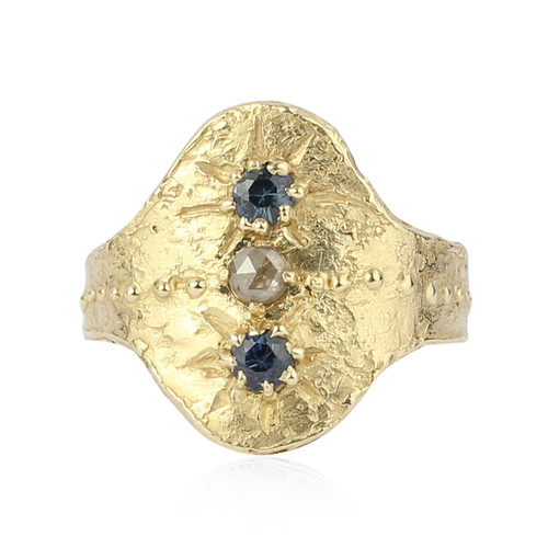 Sapphire & Milky Diamond Rustic Shield Ring, Momocreatura, tomfoolery