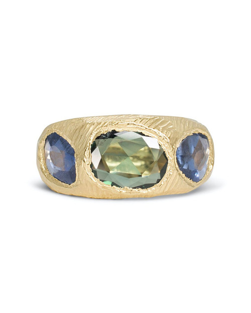 Green & Blue Sapphire Three Stone Tapered Ring, Page Sargisson, tomfoolery