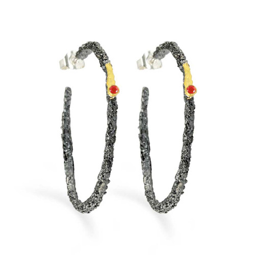 Large Oxidised Silver, Gold & Ruby Textured Hoops, Apostolos, tomfoolery