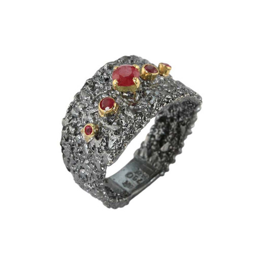 Oxidised Silver & Ruby Textured Wide Ring, Apostolos, tomfoolery