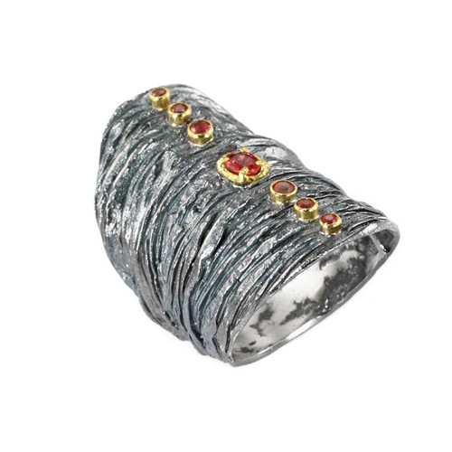 Oxidised Silver & Ruby Textured Shield Ring, Apostolos, tomfoolery