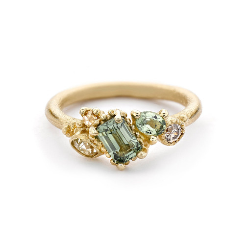 Emerald Cut Green Sapphire Asymmetric Cluster Ring, Ruth Tomlinson, tomfoolery