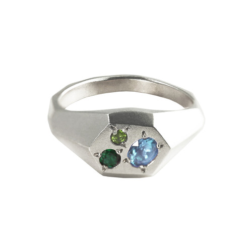Silver Faceted Signet Ring with Topaz, Peridot & Green Onyx, Maria Manola, tomfoolery