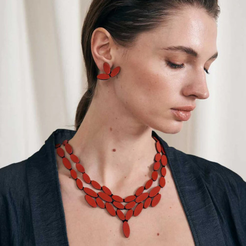 Red Leather Leaves Statement V Necklace, Iskin Sisters, tomfoolery