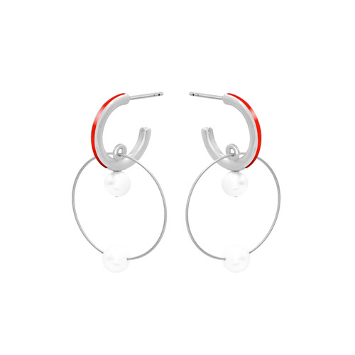 Silver & Red Double Hoop Pearl Earrings, Guzin, tomfoolery