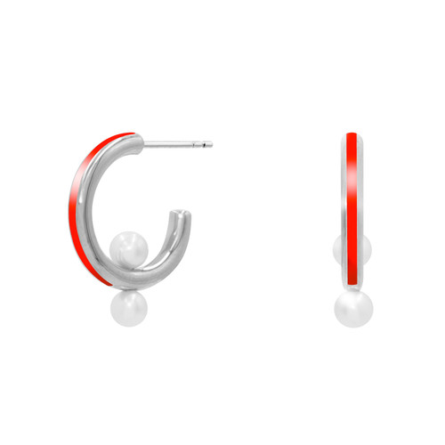 Silver & Red Pearl Hoop Earrings, Guzin, tomfoolery