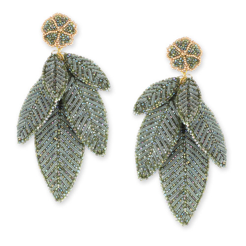 Sage Green Leaf Beaded Earrings, Olivia Dar, tomfoolery