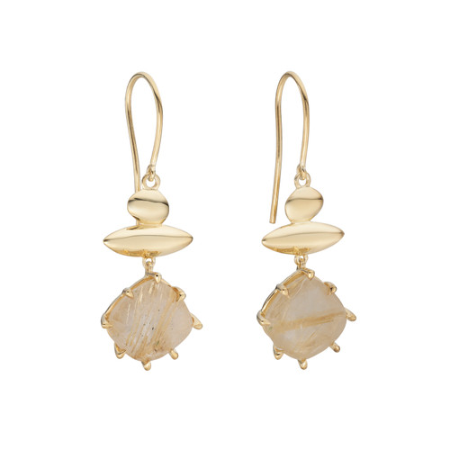 Gold Pebble Rutilated Quartz Balance Drop Earrings, tf House - Pebble, tomfoolery London