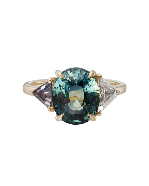 TRIO Teal Sapphire & Diamond Three Stone Art Ring, tf House - Infinite, tomfoolery London