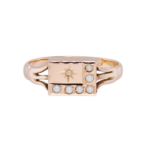 Antique Pearl Star-Set Diamond Signet Ring, Preloved, tomfoolery 