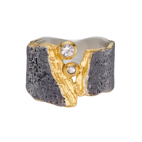 Oxidised Silver & Diamond Rustic Wide Ring, Eva Stone, tomfoolery