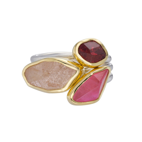 Red, Pink Tourmaline & Morganite Triple Band Ring, Margoni, tomfoolery