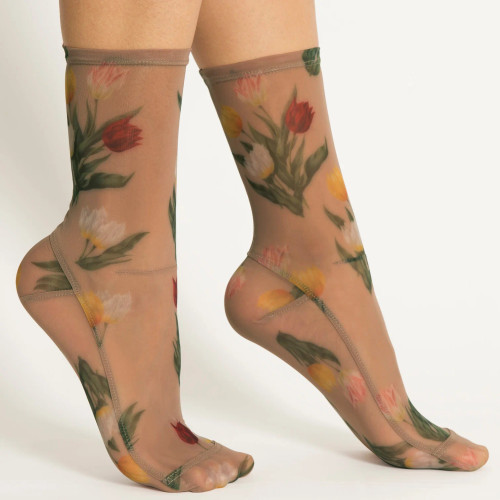 Caramel Tulips Floral Mesh Socks, Darner Socks, tomfoolery
