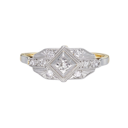 Antique Gold & Platinum Engraved Shield Diamond Ring, Preloved, tomfoolery 
