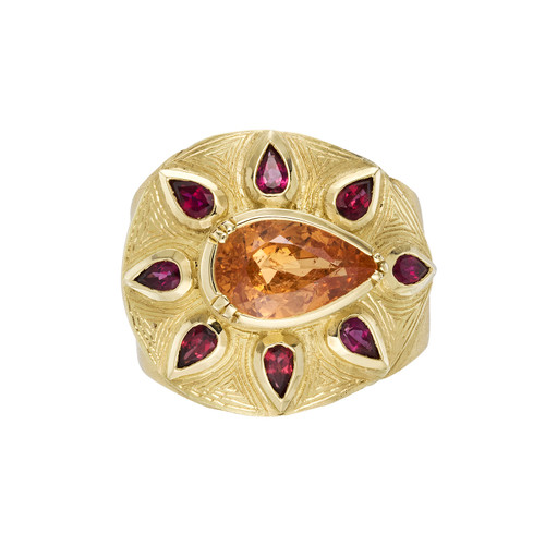 Sunshine Mandarin Garnet Ruby Engraved Art Ring, Brooke Gregson, tomfoolery London