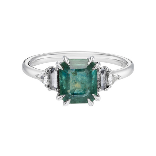 Teal Sapphire & Salt and Pepper Diamond Five Stone Ring, Muse - By tf, tomfoolery