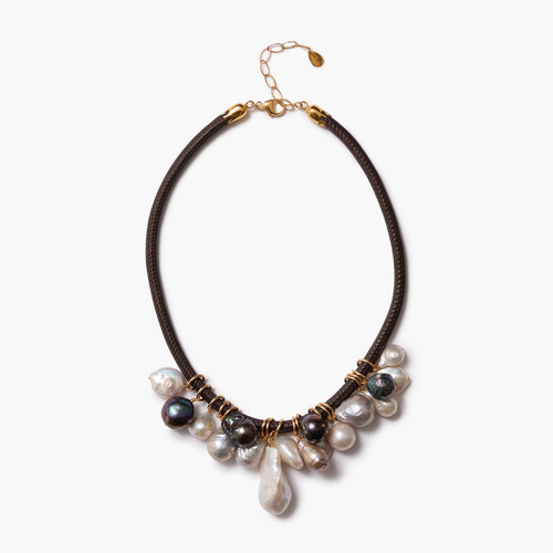 Lea Pearl Leather Collar Necklace, Chan Luu, tomfoolery