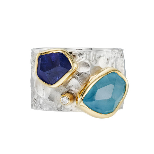 Wide Textured Silver, Aquamarine, Tanzanite & Diamond Ring, Margoni, tomfoolery