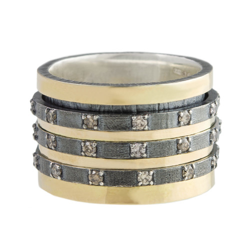 Oxidised Silver, Gold and Diamond Zebra Spinning Ring