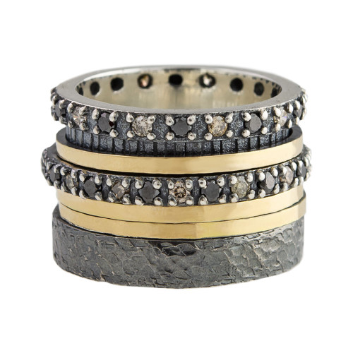 Oxidised Silver, Gold and Double Row Diamond Textured Spinning Ring 1