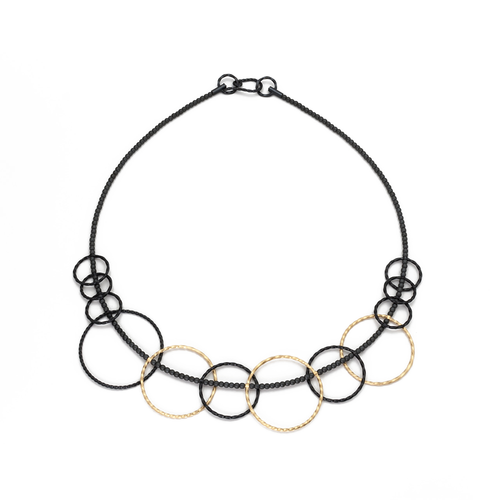 Black and gold plated silver beaded hoop necklace