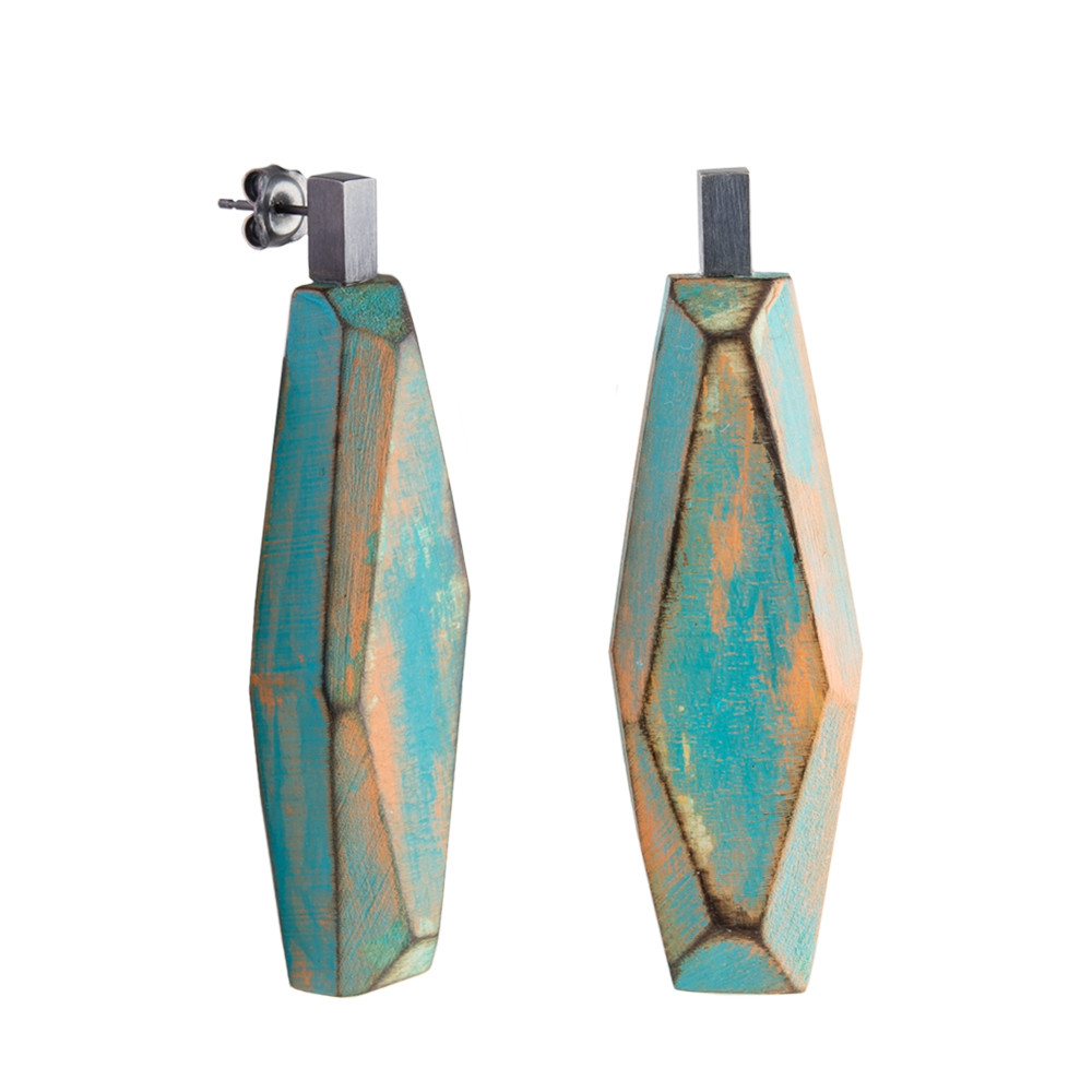 tomfoolery, Sea Green and Orange Faceted Wood Earrings, cristina mani