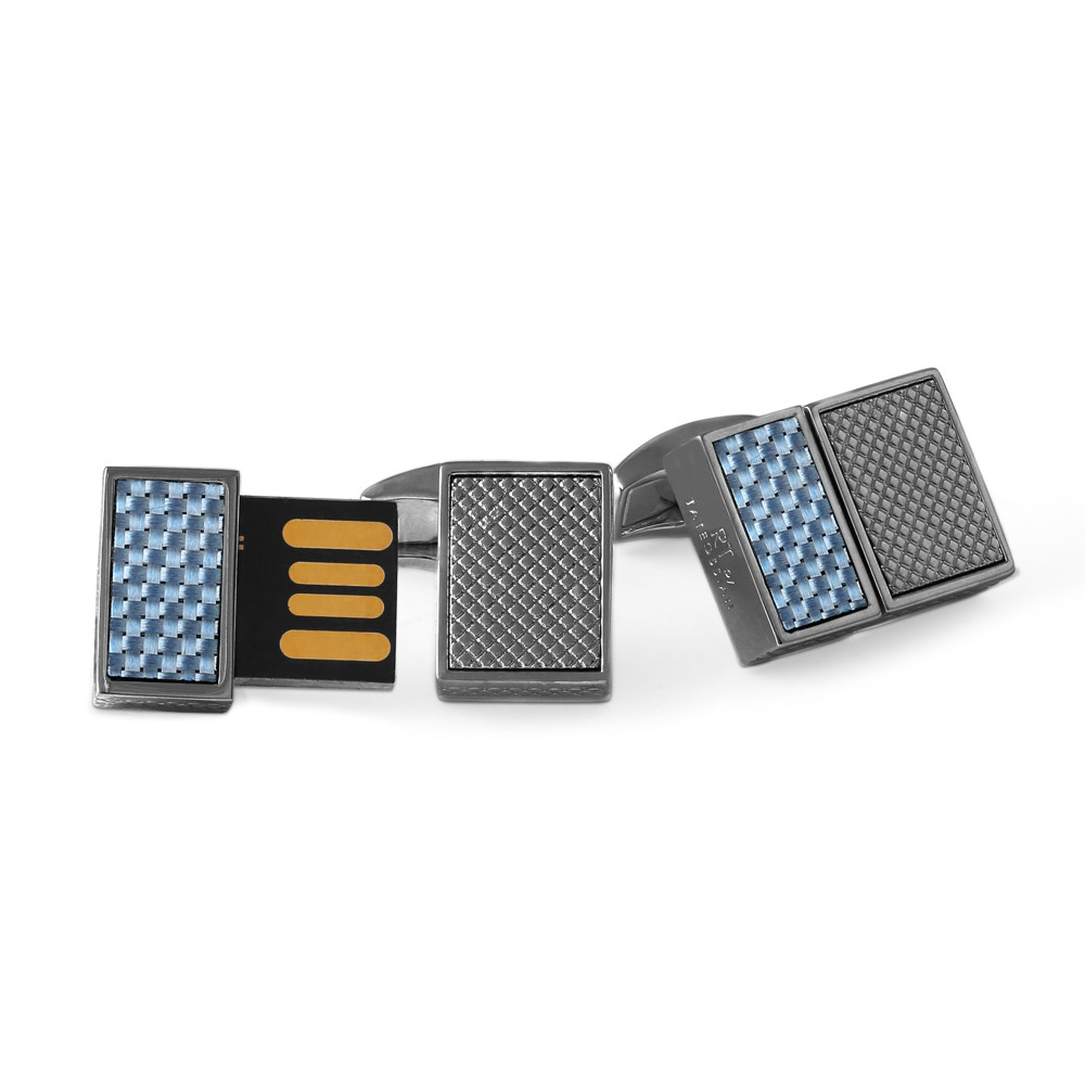 Tateossian, Rhodium-Plated & Blue Carbon Fibre USB Cufflinks, Tomfoolery