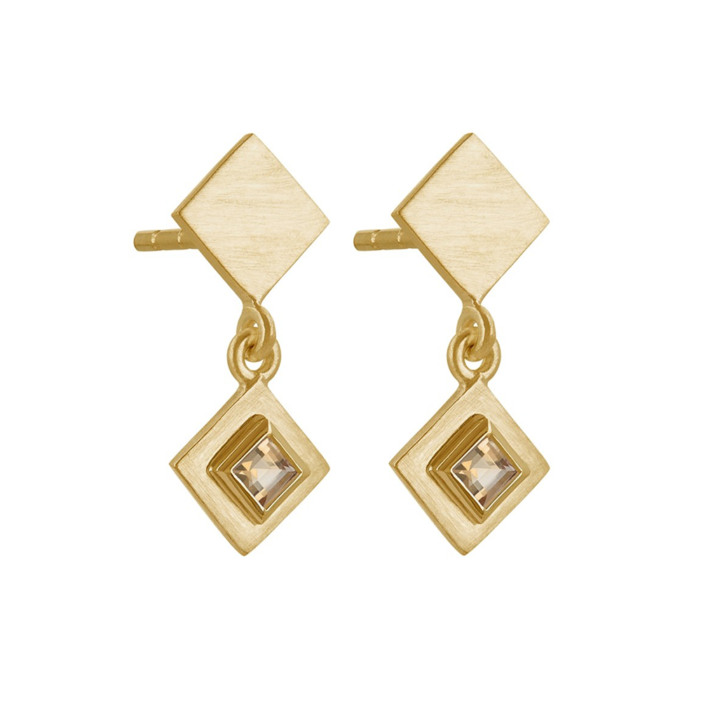 Tomfoolery, Gold Plated Princess Cut Gemstone Drop Earrings, by Everday by tomfoolery