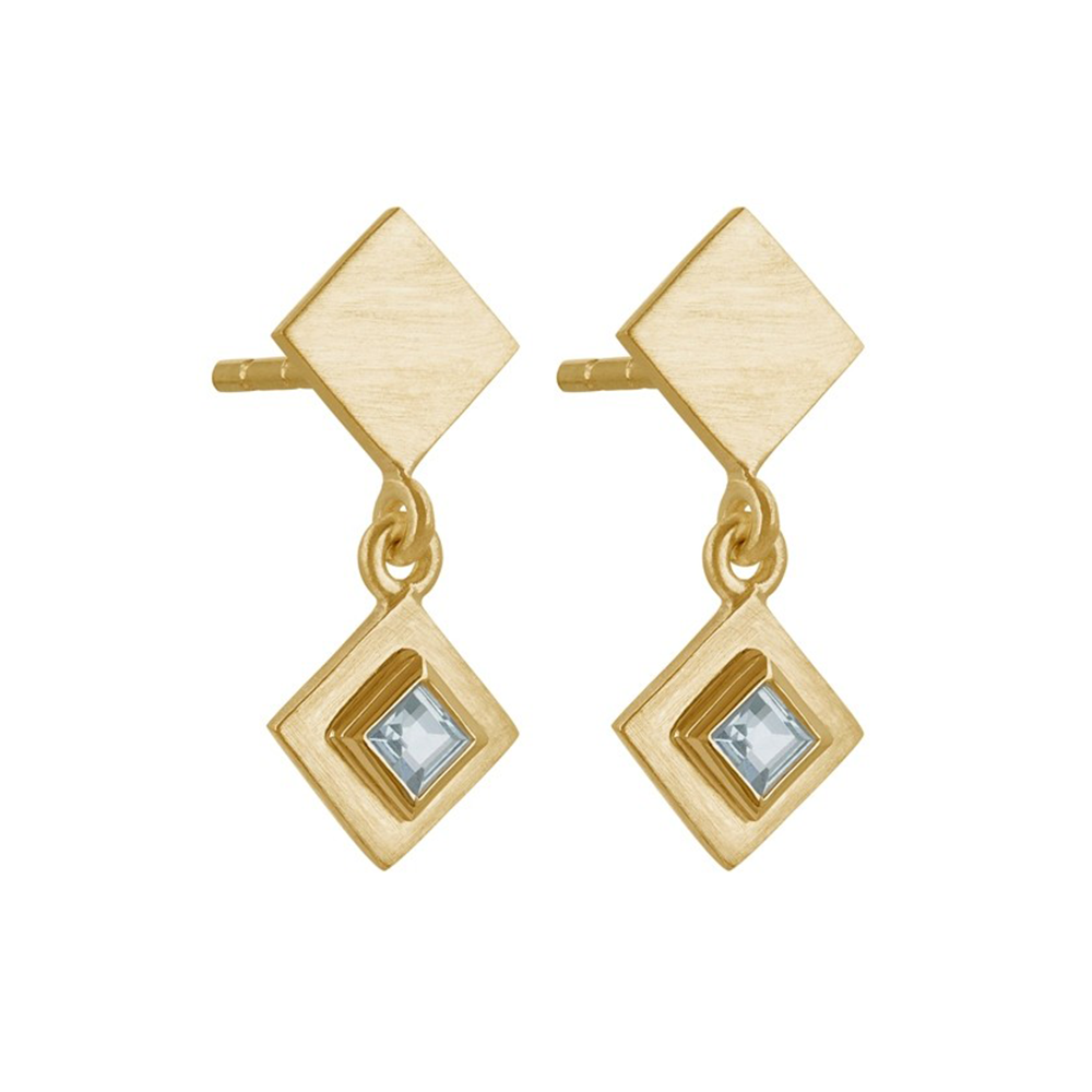 Tomfoolery, Gold Plated Princess Cut Gemstone Drop Earrings, by Everday by tomfoolery