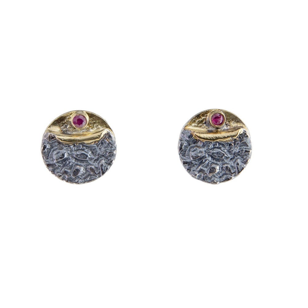 Oxidised Silver Textured Round Ruby Studs, Apostolos, tomfoolery