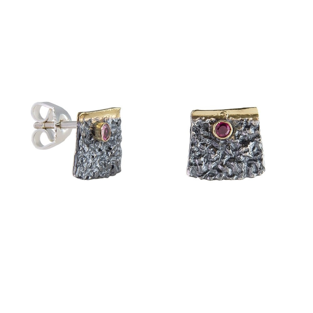 Tomfoolery, Apostolos: Oxidised Silver Textured Ruby Studs