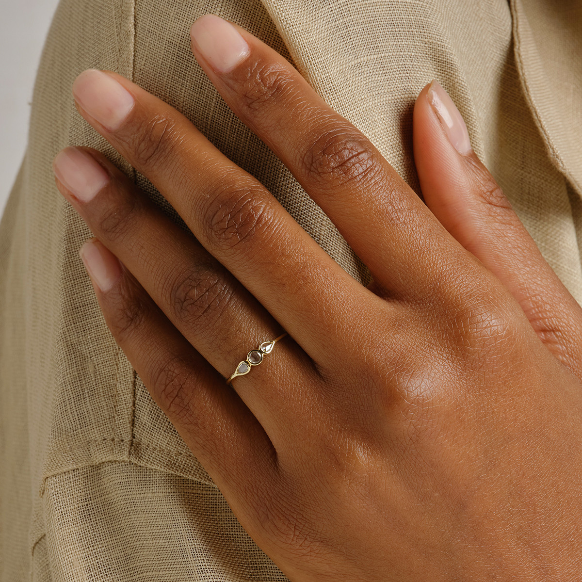 18ct Gold Round & Pear Three Stone Rose Cut Diamond Ring, tf diamonds, tomfoolery