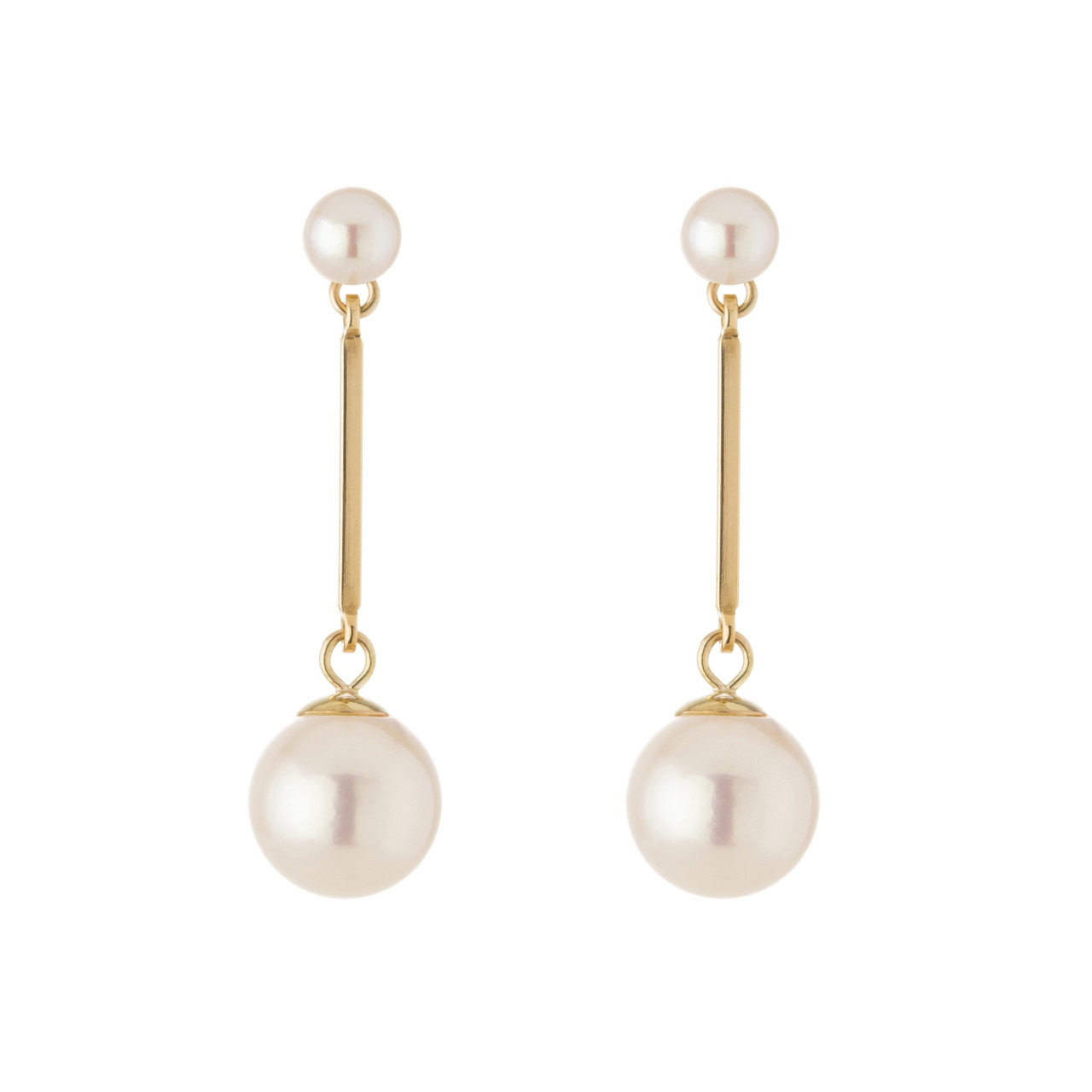 tf Pearls, 9ct Yellow Gold Ball & Pearl Long Drop Earrings, Tomfoolery