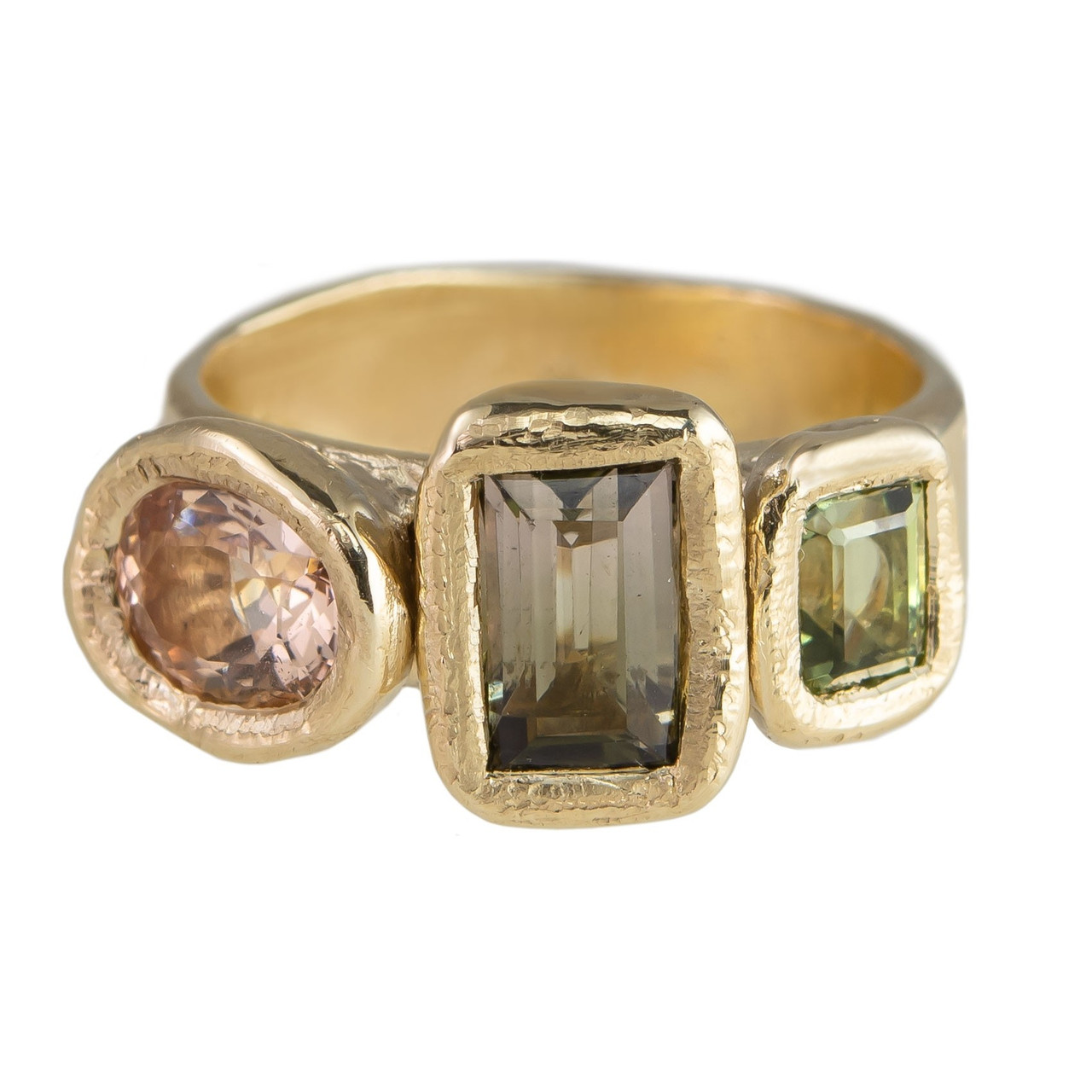 Mia Chicco: Organic Three Stone Morganite & Tourmaline 9ct Yellow Gold Ring, Tomfoolery