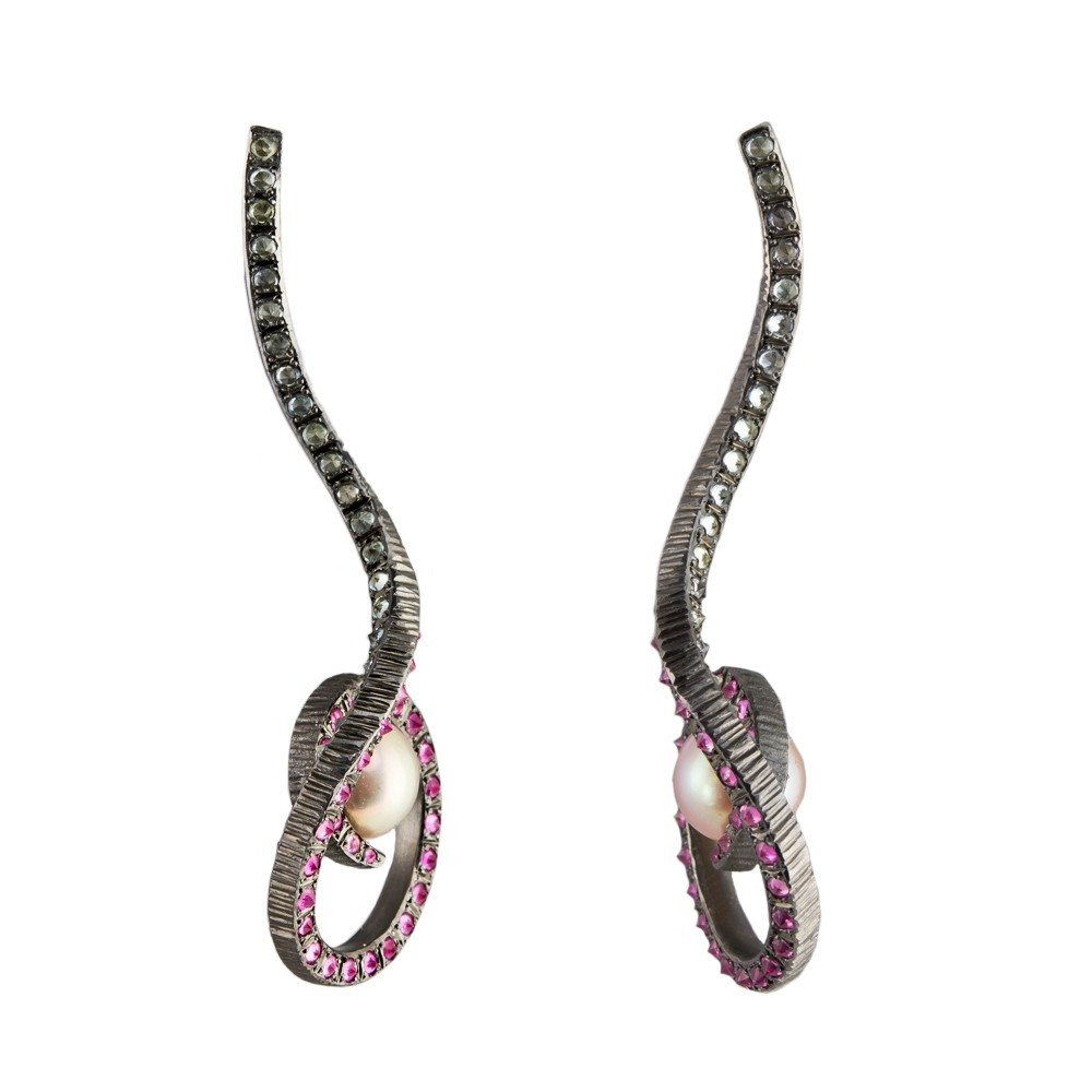 Maria Frantzi, Blush Pearl & Sapphire Oxidised Silver Drop Earrings, Tomfoolery