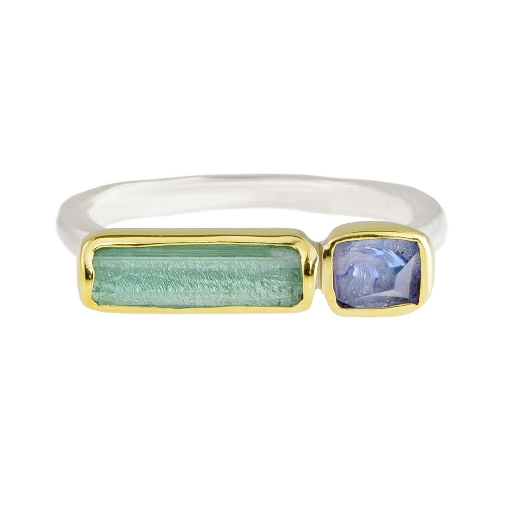 Margoni, Linear Aquamarine & Tanzanite 18ct Yellow Gold & Silver Ring, Tomfoolery