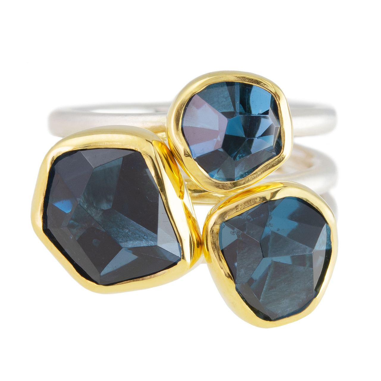 Margoni, Three Blue Topaz 18ct Yellow Gold & Silver Triple Band Ring, Tomfoolery