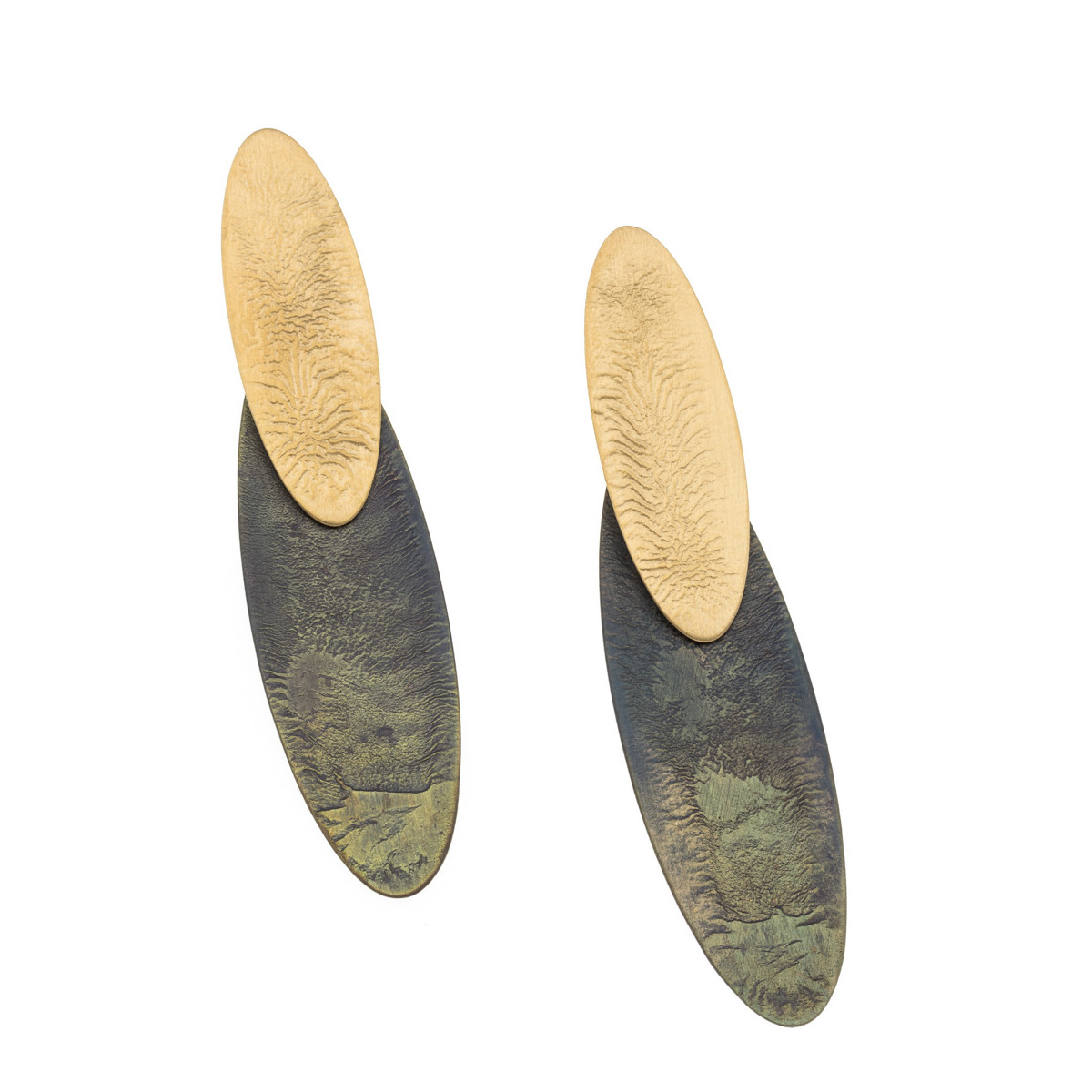 tomfoolery, Oval Gold-Plated and Green Long Disc Drop Earrings, deco echo