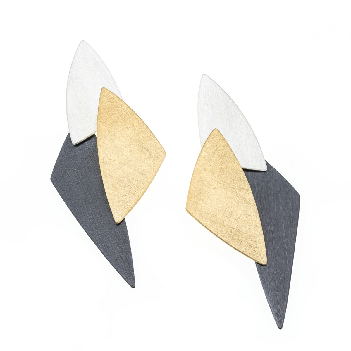 tomfoolery, Gold and Silver Triple Triangle Disc Earrings, deco echo