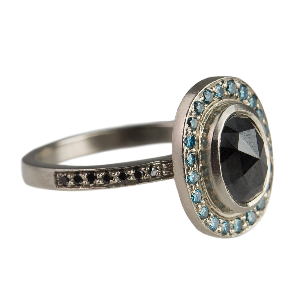 Muse by tomfoolery, 18CT WHITE GOLD BLACK Oval ROSE CUT & BLUE DIAMOND RING, Tomfoolery