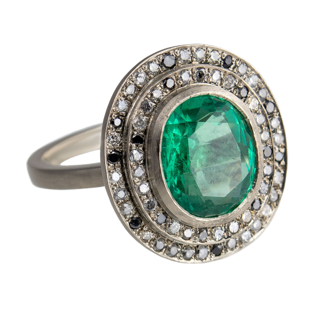 Muse by tomfoolery, 18ct White Gold Emerald Double Mottled Halo Diamond Ring, Tomfoolery