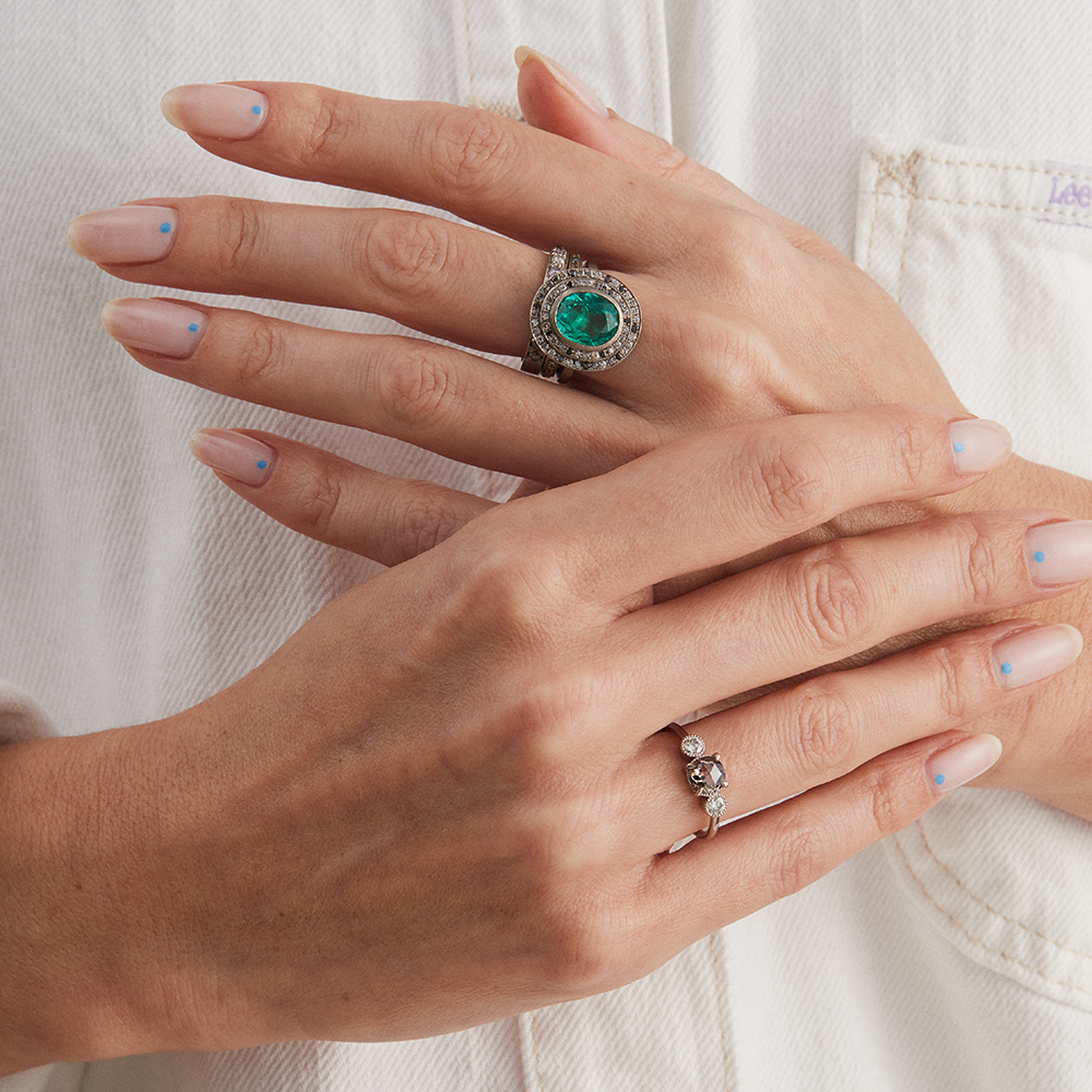 Muse by tomfoolery, 18ct White Gold Emerald Double Mottled Halo Diamond Ring, Tomfoolery