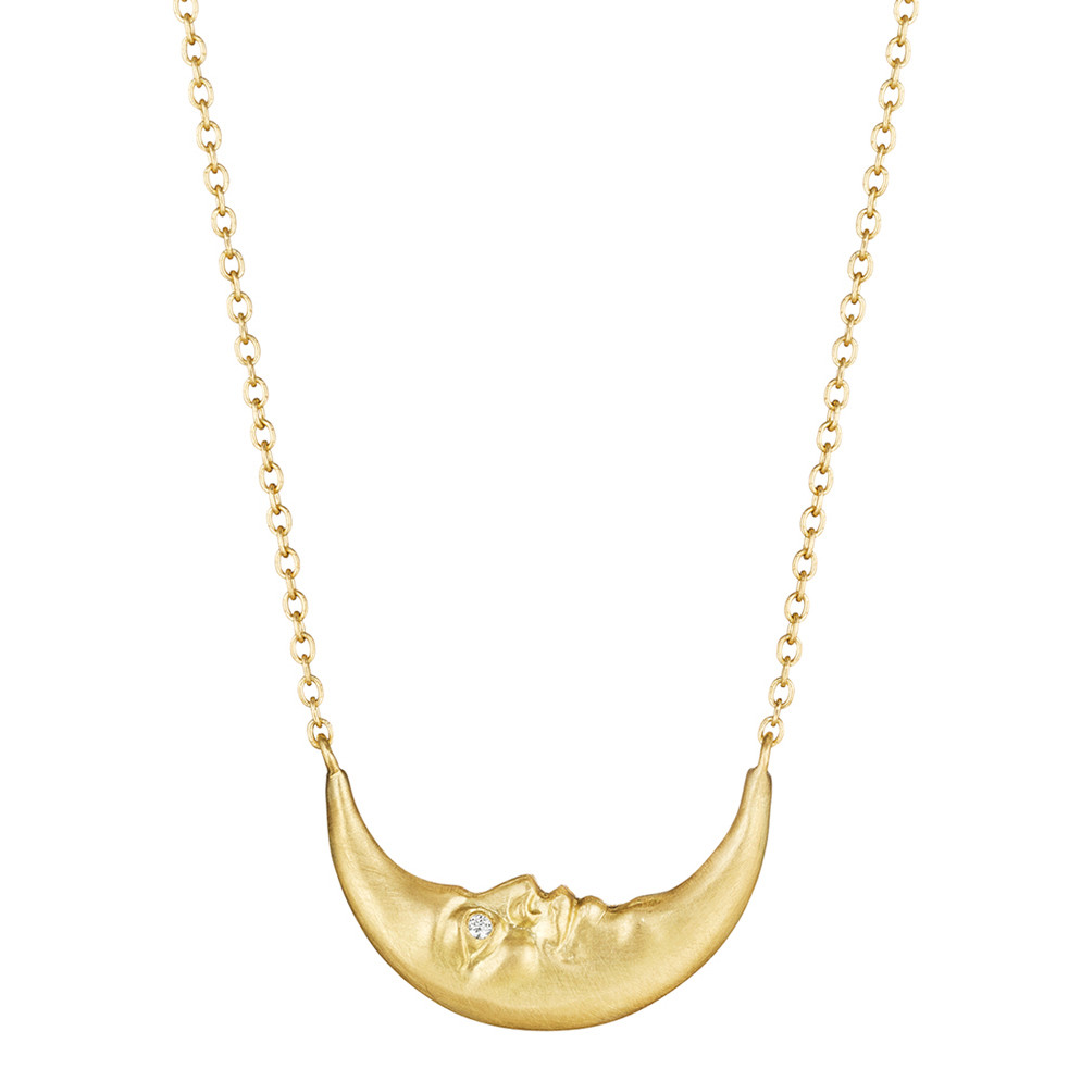 Crescent Moonface Necklace with Diamond Eyes by Anthony Lent, shop online at tomfoolery London | www.tomfoolerylondon.co.uk