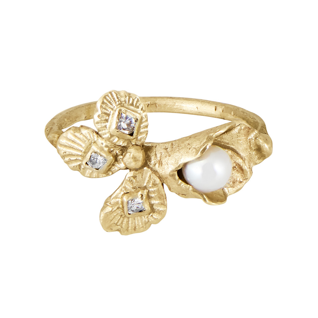 Franny E, 14ct Yellow Gold and Pearl Lily of Life's Meaning Ring, Tomfoolery London