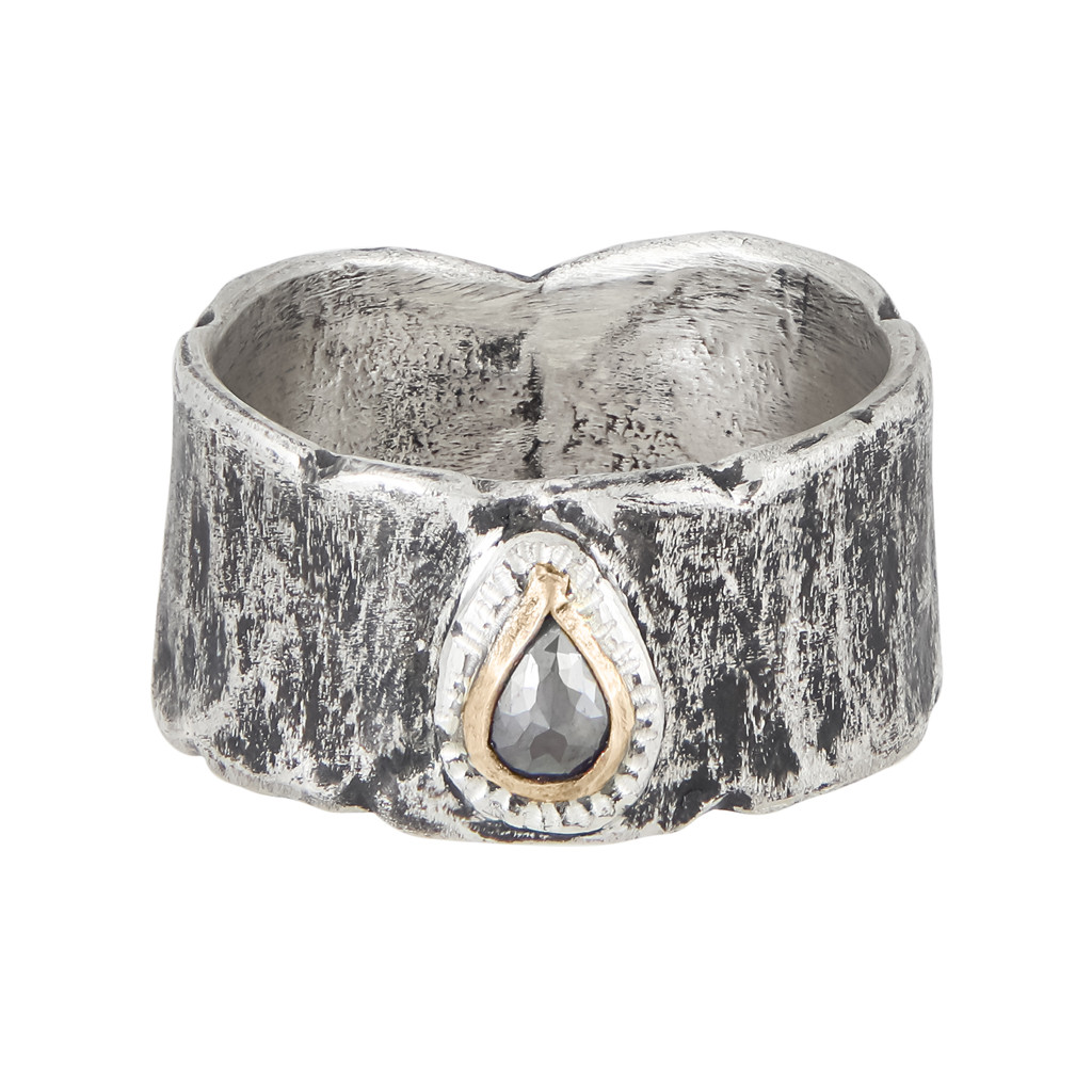 Franny E, Silver & Grey Diamond Teardrop Wide Band Ring, Tomfoolery London