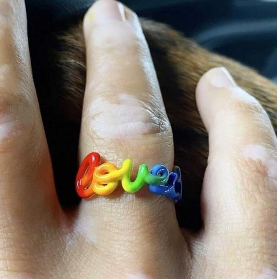 Silver & Enamel Rainbow 'Loved' Ring, Nora Kogan, Tomfoolery